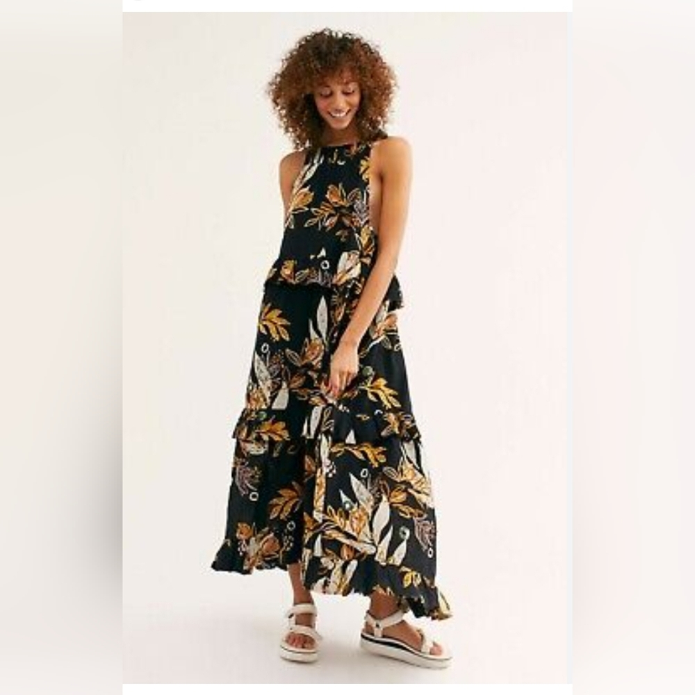 New Free People Anita Floral Maxi Dress Black Print Oversized Tiered Halter XS